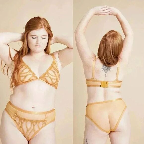 Free People Other - Sheer Lace Bralette & High Waist Brief Set - Gold